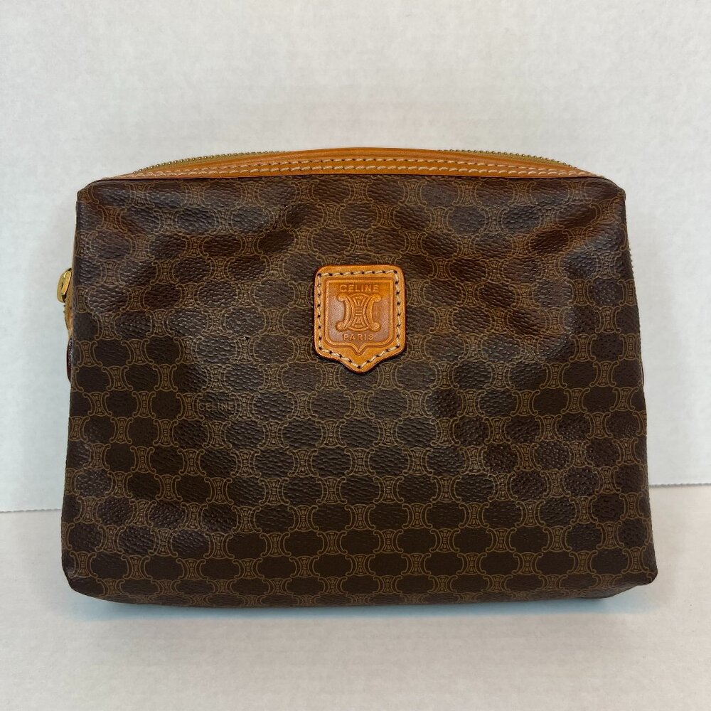 Authentic Celine Pouch Vintage Macadam Pattern Clutch Bag - Brown